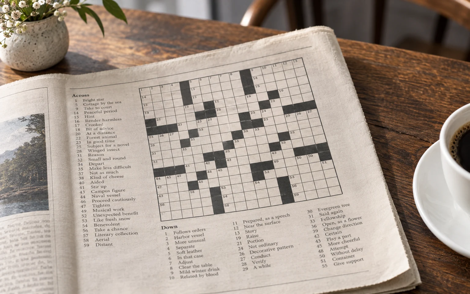 Newspaper crossword and clues beside a cup of coffee